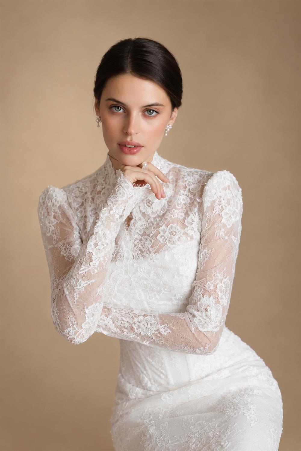 Elegant White Lace High Neck Long Sleeve A-Line Wedding Dress ZP103