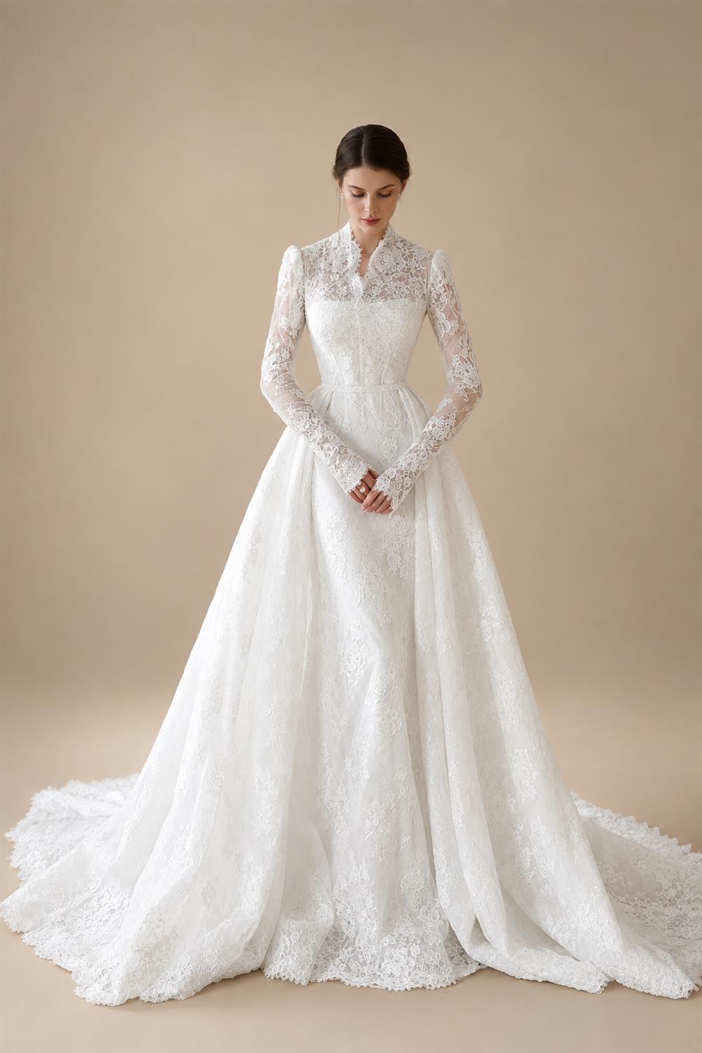 Elegant White Lace High Neck Long Sleeve A-Line Wedding Dress ZP103