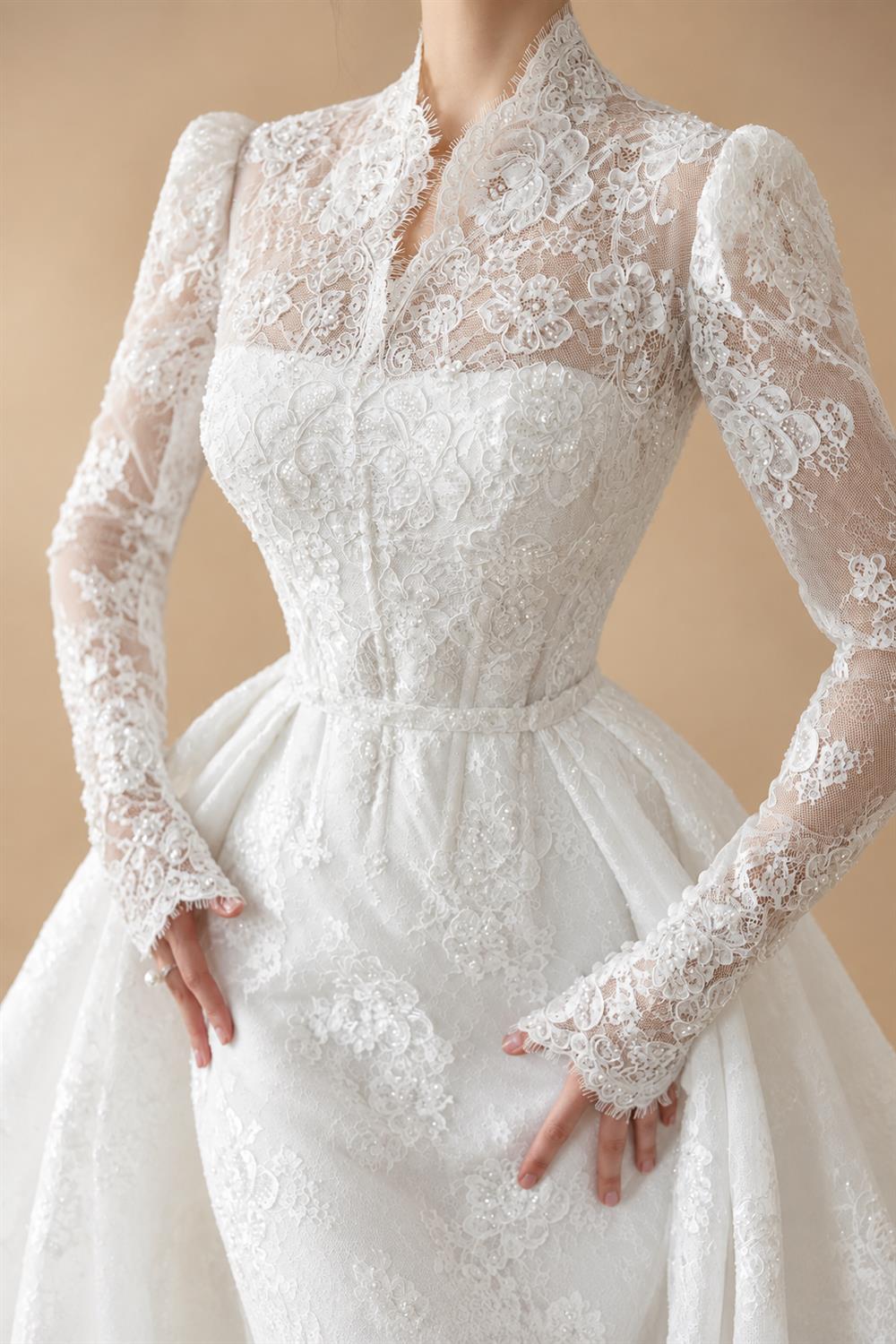 Elegant White Lace High Neck Long Sleeve A-Line Wedding Dress ZP103