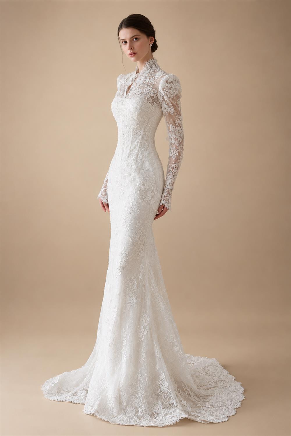 Elegant White Lace High Neck Long Sleeve A-Line Wedding Dress ZP103