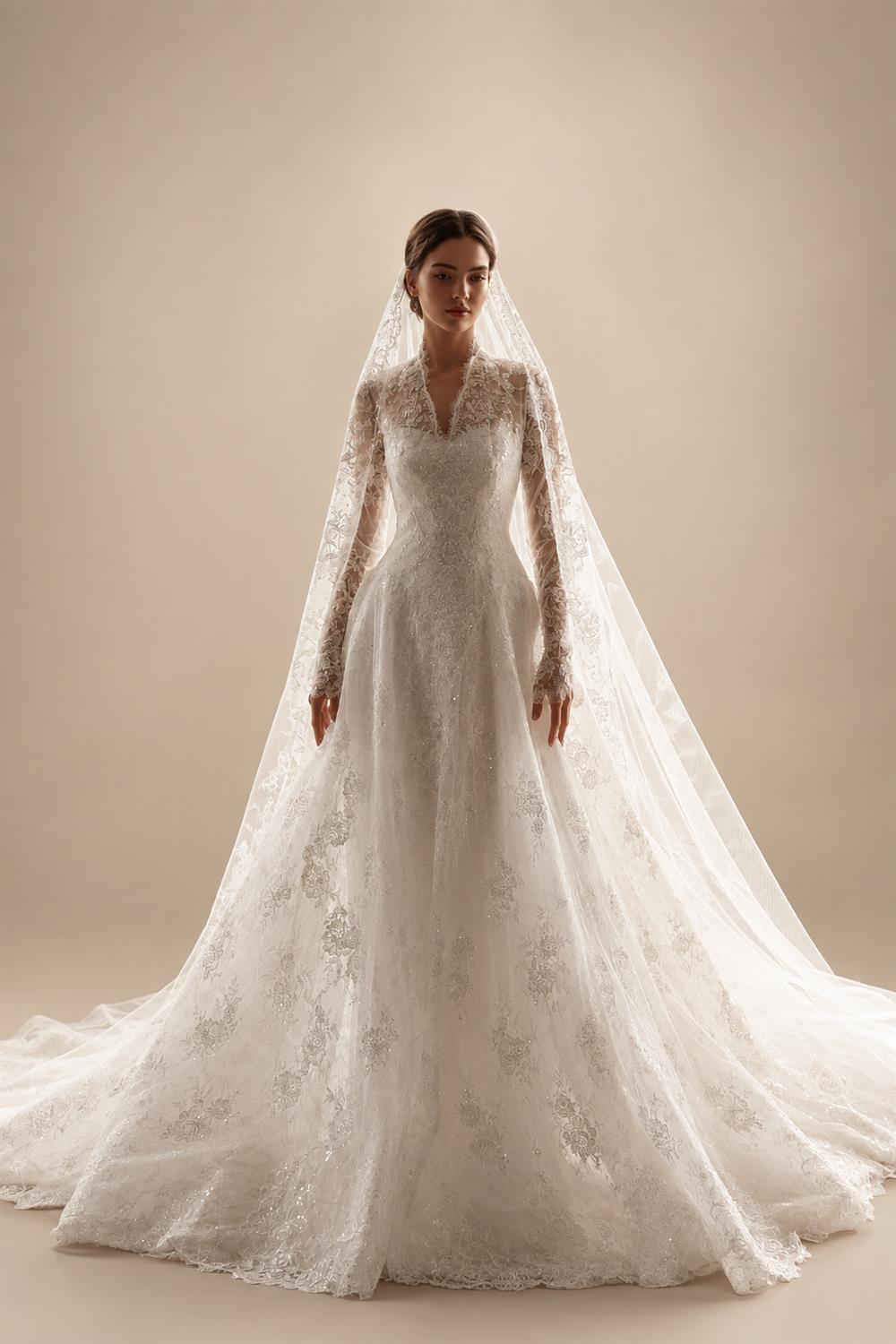 Timeless White Lace V-Neck Long Sleeve Wedding Dress with Cathedral Veil ZP104