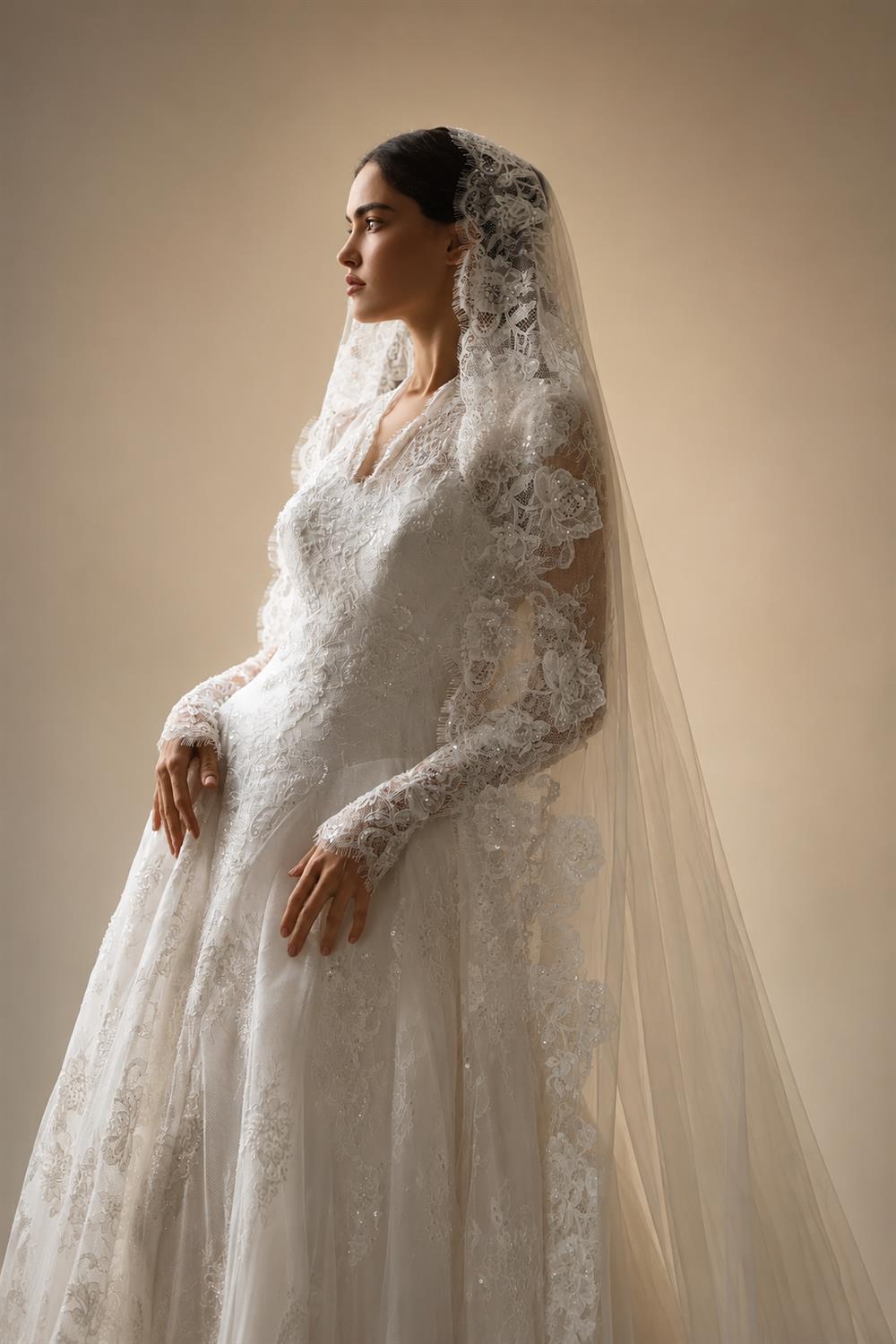 Timeless White Lace V-Neck Long Sleeve Wedding Dress with Cathedral Veil ZP104