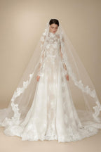 Regal Ivory Lace High Neck Long Sleeve Wedding Dress with Cathedral Veil ZP105