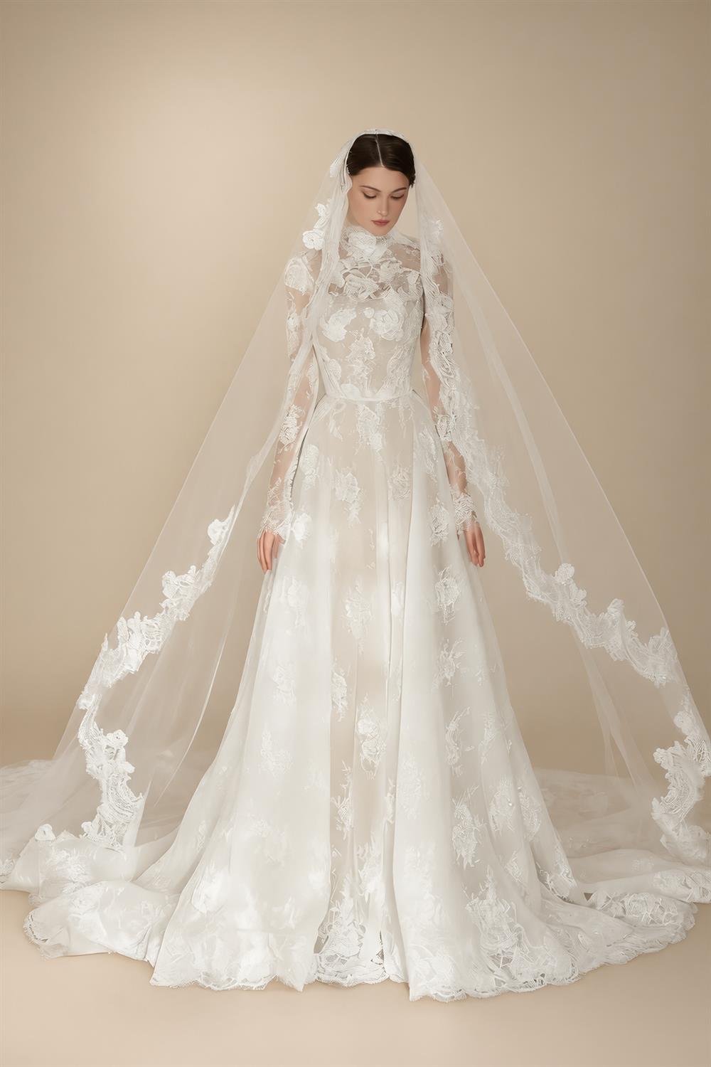 Regal Ivory Lace High Neck Long Sleeve Wedding Dress with Cathedral Veil ZP105