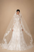 Regal Ivory Lace High Neck Long Sleeve Wedding Dress with Cathedral Veil ZP105
