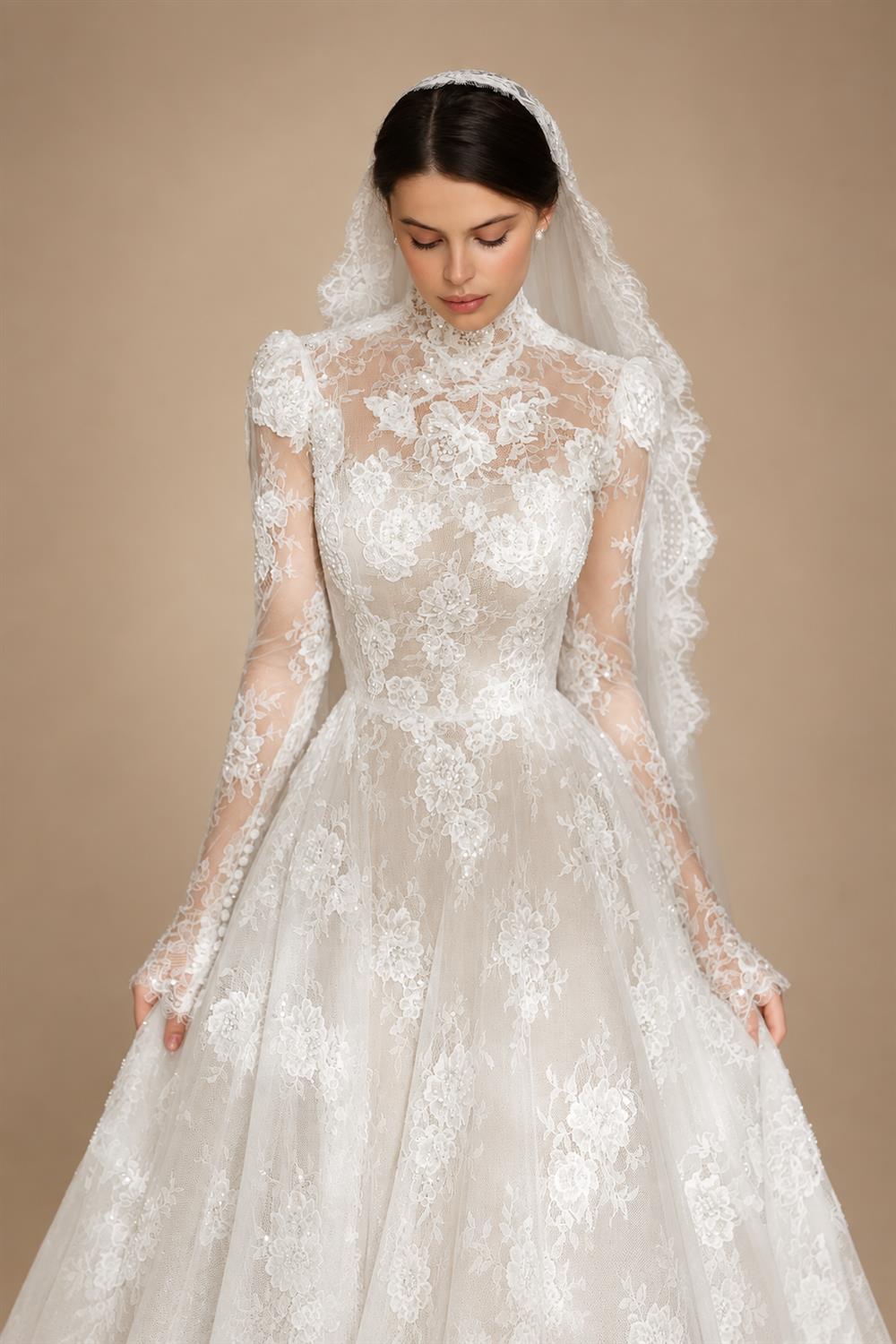 Regal Ivory Lace High Neck Long Sleeve Wedding Dress with Cathedral Veil ZP105