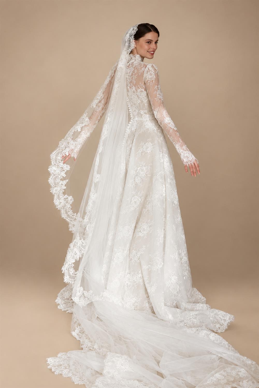 Regal Ivory Lace High Neck Long Sleeve Wedding Dress with Cathedral Veil ZP105