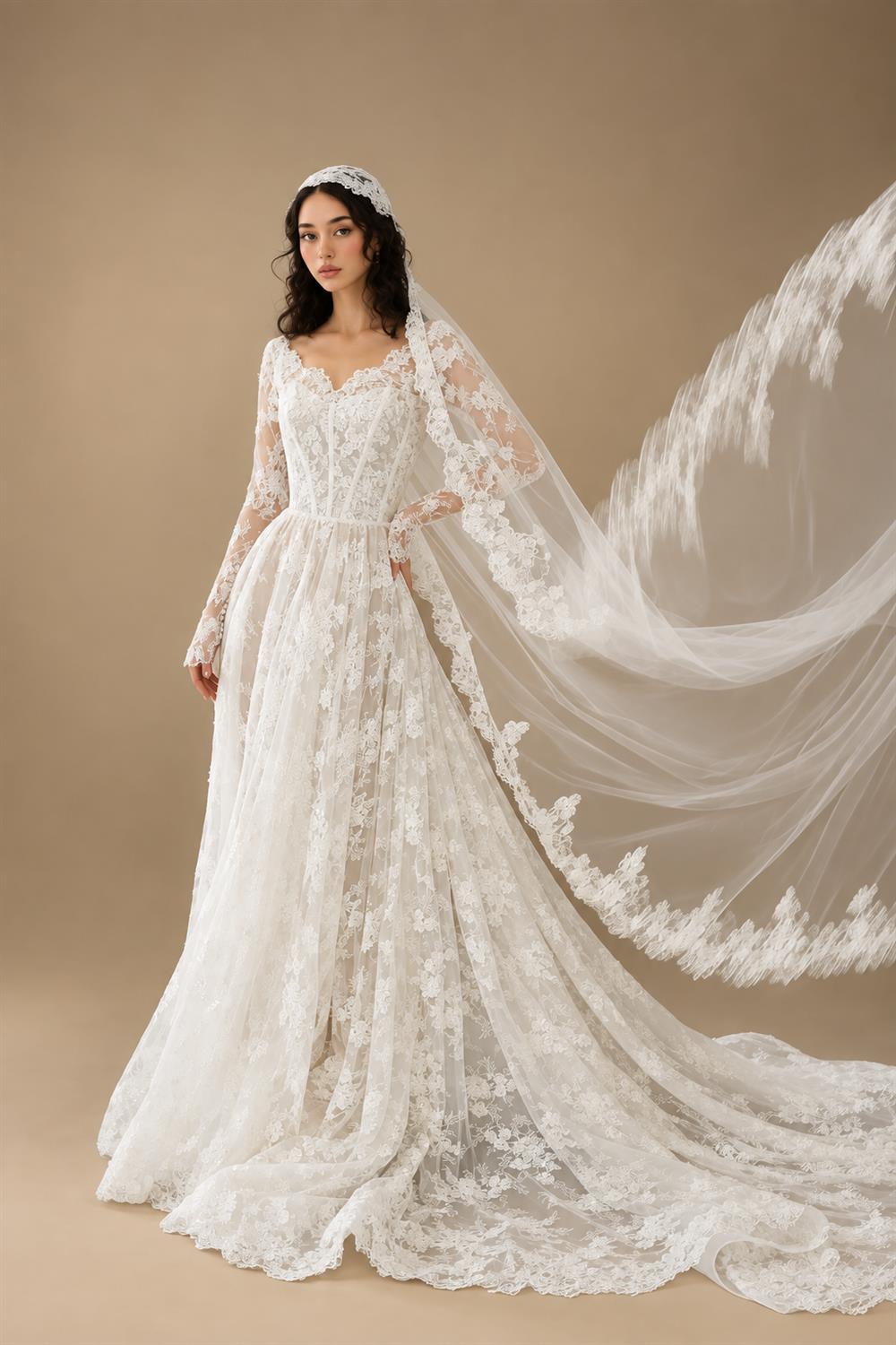 Whimsical Ivory Lace V-Neck Long Sleeve Wedding Dress with Veil ZP106