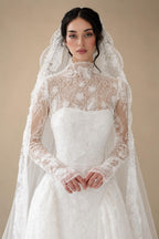 Classic Ivory Lace High Neck Long Sleeve A-Line Wedding Dress with Veil ZP107