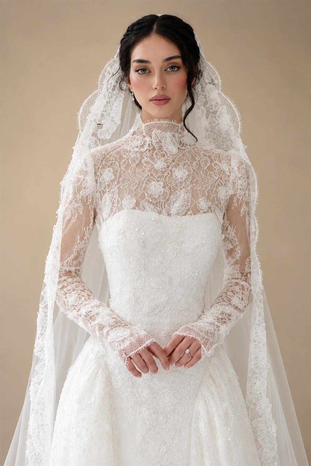 Classic Ivory Lace High Neck Long Sleeve A-Line Wedding Dress with Veil ZP107
