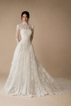 Classic Ivory Lace High Neck Long Sleeve A-Line Wedding Dress with Veil ZP107