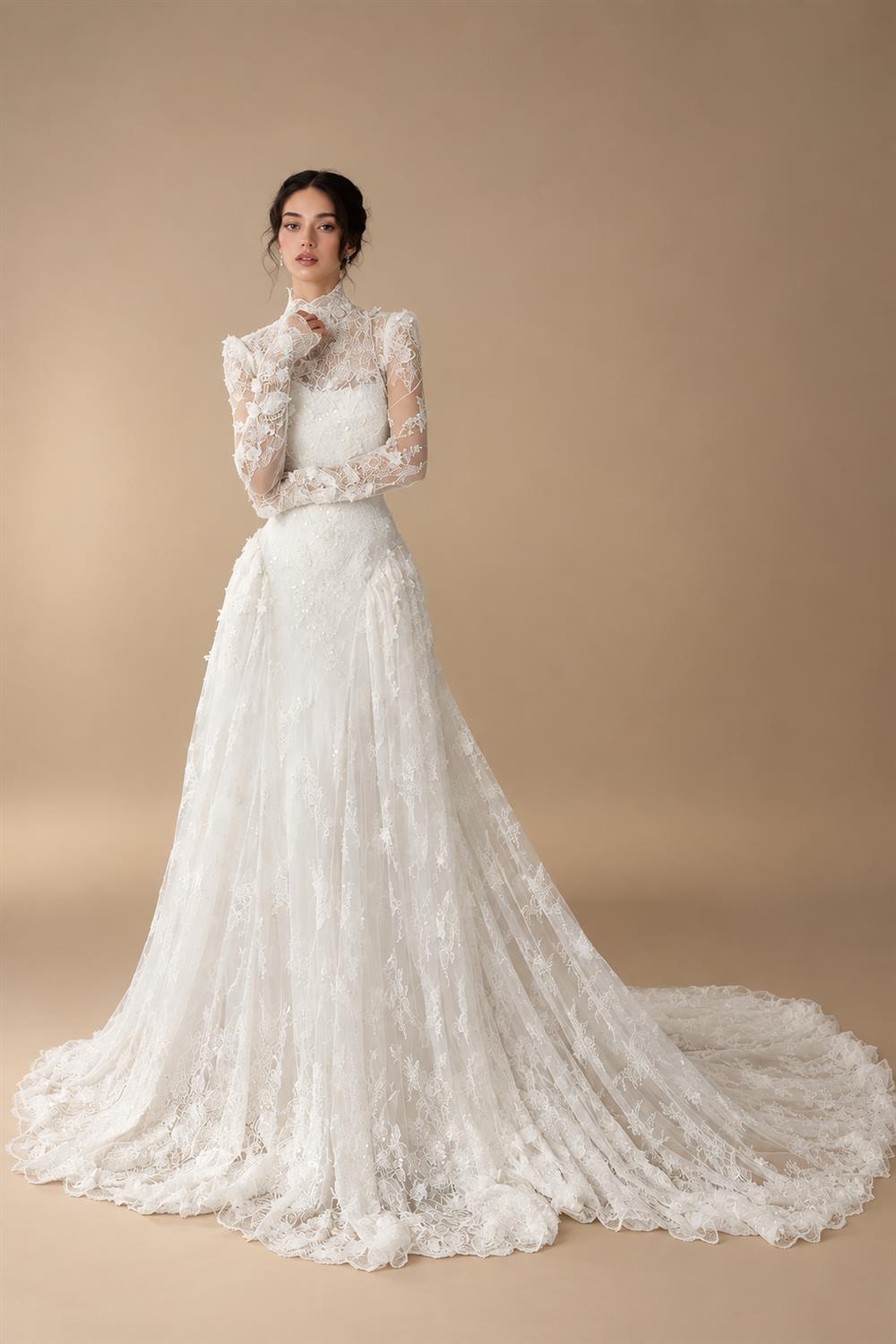 Classic Ivory Lace High Neck Long Sleeve A-Line Wedding Dress with Veil ZP107