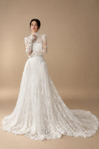 Classic Ivory Lace High Neck Long Sleeve A-Line Wedding Dress with Veil ZP107