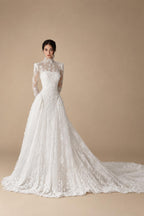 Classic Ivory Lace High Neck Long Sleeve A-Line Wedding Dress with Veil ZP107