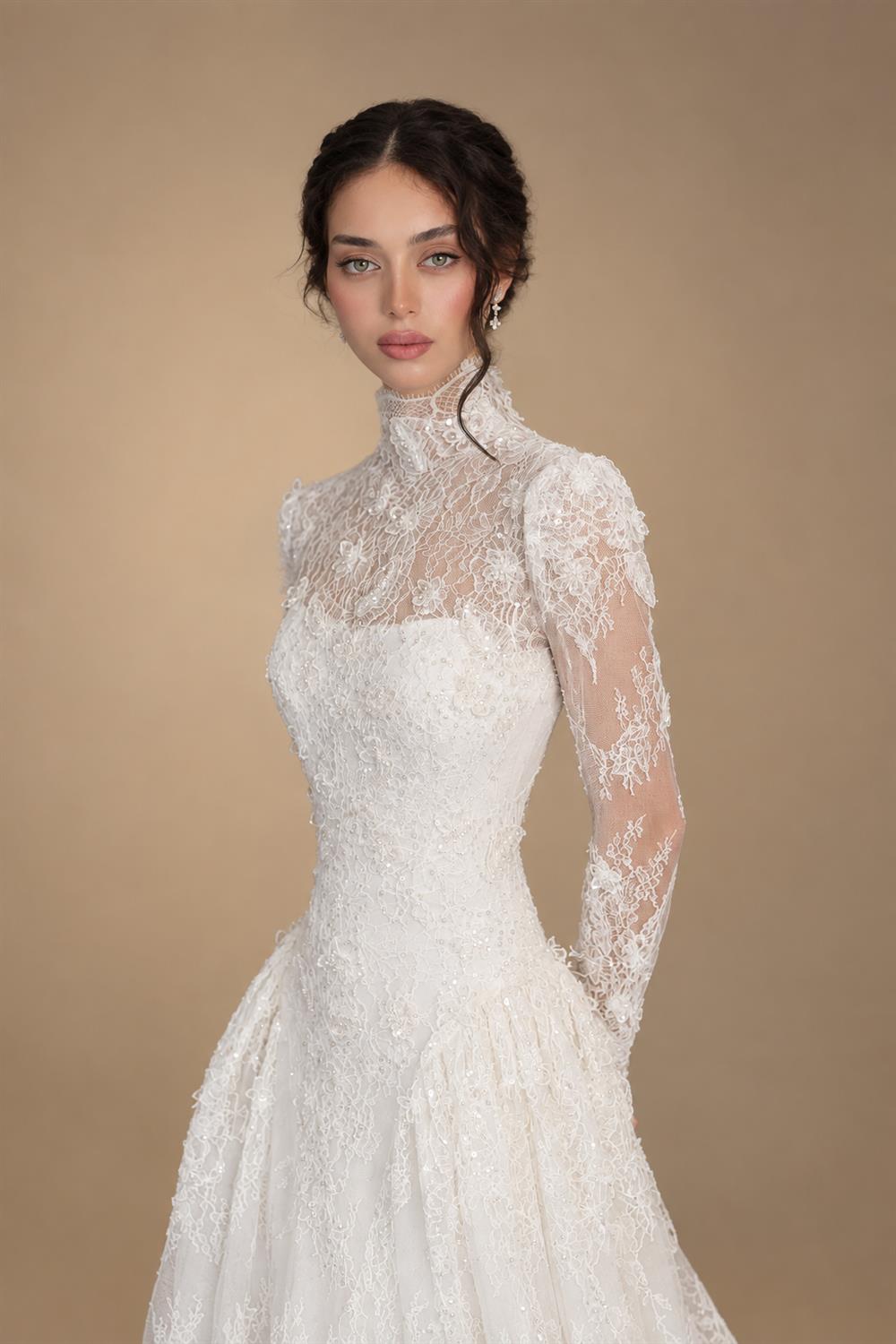 Classic Ivory Lace High Neck Long Sleeve A-Line Wedding Dress with Veil ZP107