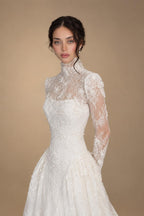 Classic Ivory Lace High Neck Long Sleeve A-Line Wedding Dress with Veil ZP107