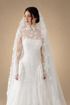 Classic Ivory Lace High Neck Long Sleeve A-Line Wedding Dress with Veil ZP107
