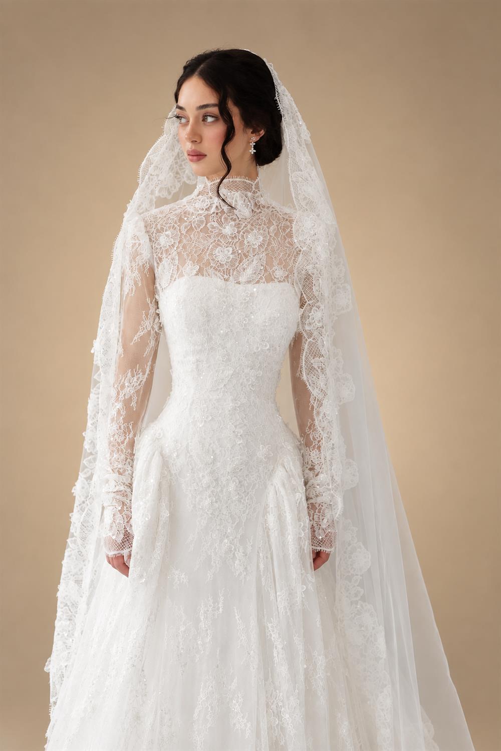 Classic Ivory Lace High Neck Long Sleeve A-Line Wedding Dress with Veil ZP107