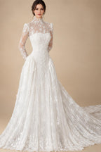 Classic Ivory Lace High Neck Long Sleeve A-Line Wedding Dress with Veil ZP107