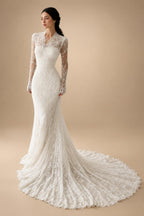 Elegant Ivory Lace High Neck Long Sleeve Train Mermaid Wedding Dress with Veil ZP108