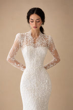 Elegant Ivory Lace High Neck Long Sleeve Train Mermaid Wedding Dress with Veil ZP108