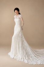 Elegant Ivory Lace High Neck Long Sleeve Train Mermaid Wedding Dress with Veil ZP108