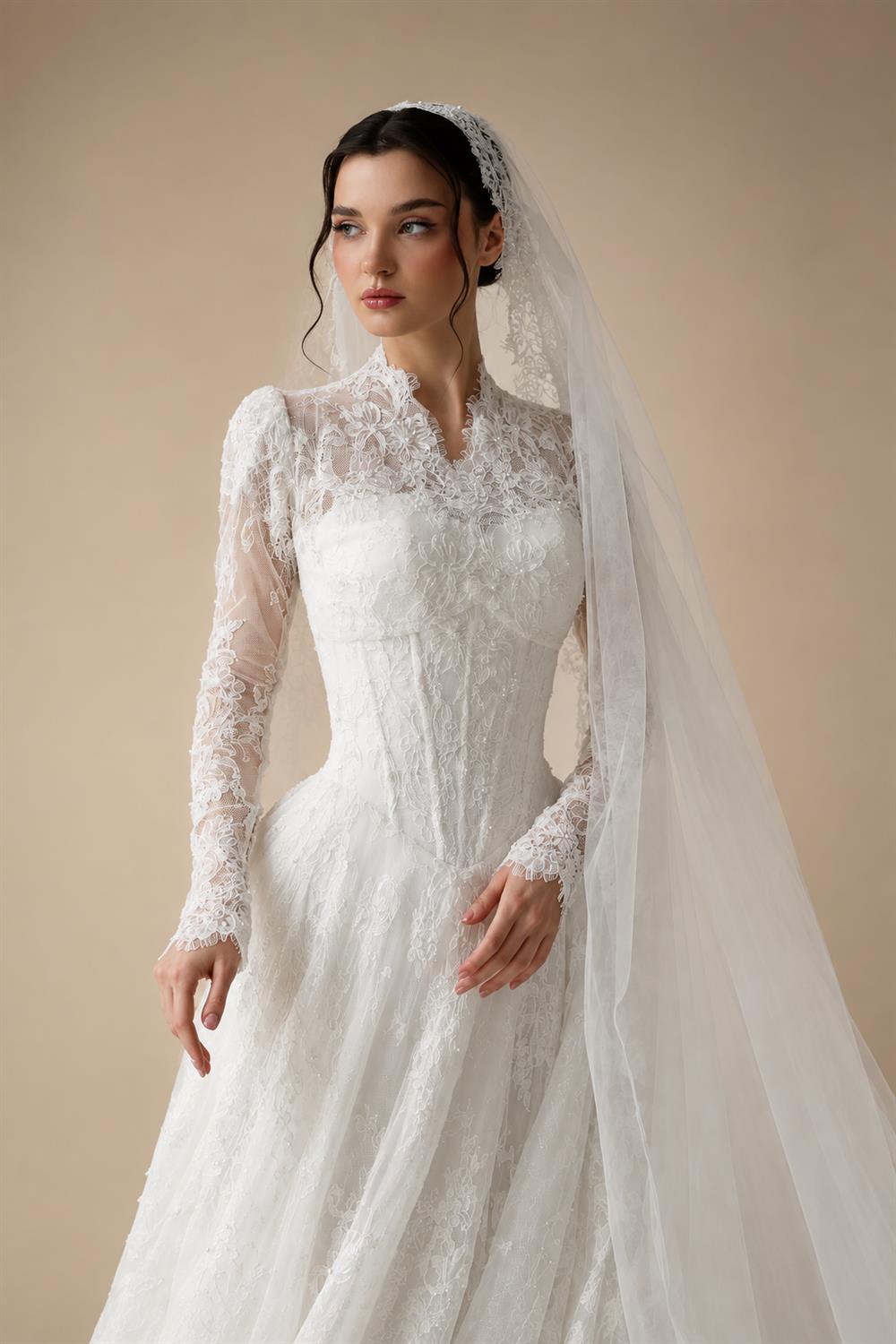Romantic White Lace Long Sleeve A-Line Wedding Dress with Veil ZP109