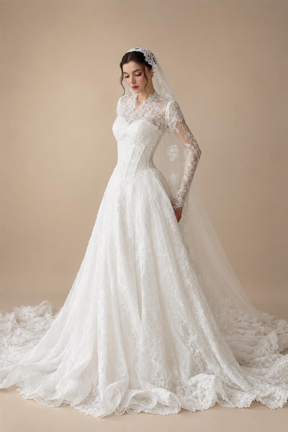 Romantic White Lace Long Sleeve A-Line Wedding Dress with Veil ZP109