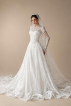 Romantic White Lace Long Sleeve A-Line Wedding Dress with Veil ZP109
