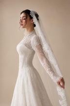 Romantic White Lace Long Sleeve A-Line Wedding Dress with Veil ZP109