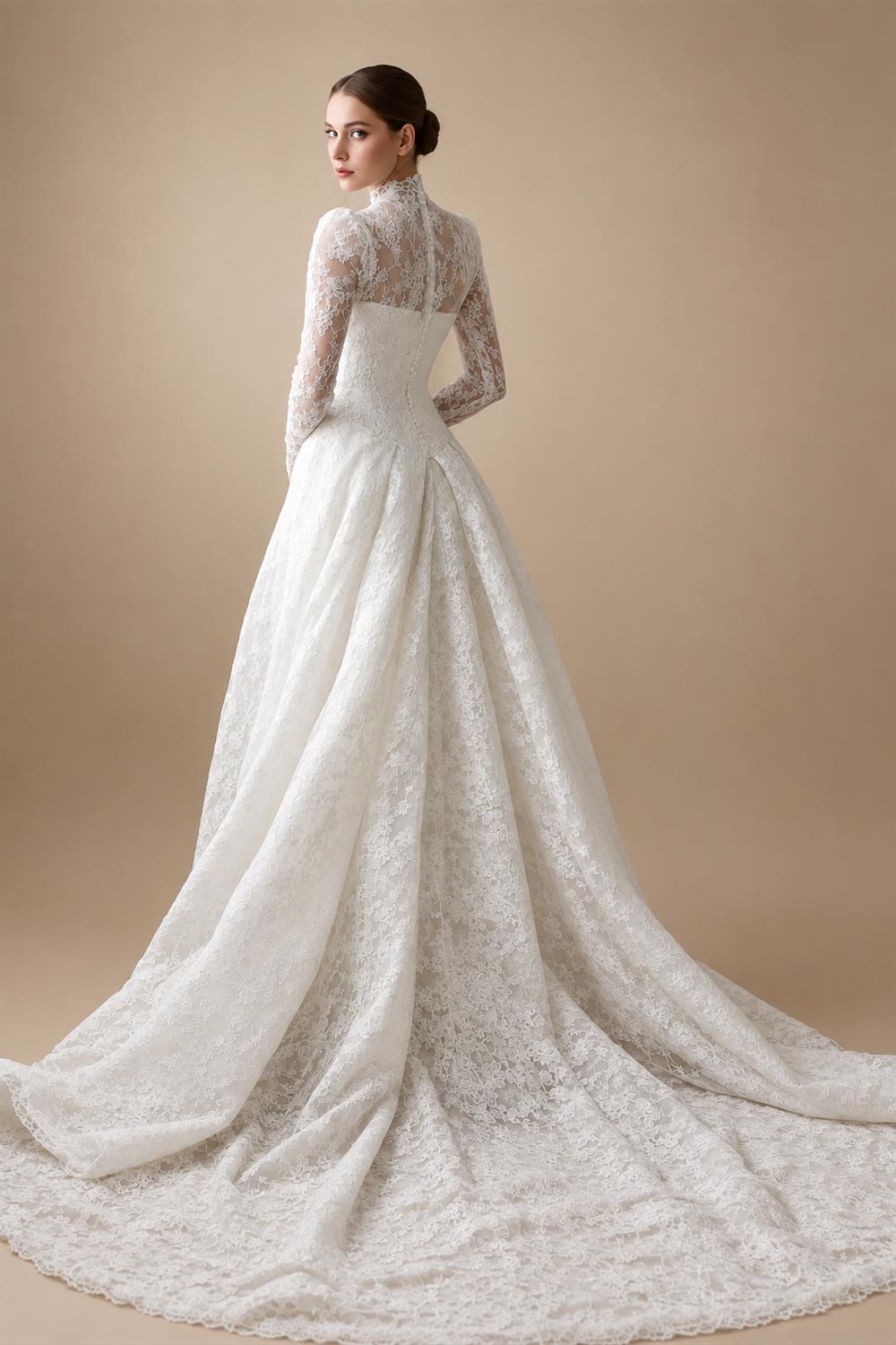 Vintag White Lace High Neck Long Sleeve A-Line Wedding Dress with Train ZP110