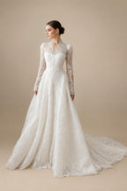 Vintag White Lace High Neck Long Sleeve A-Line Wedding Dress with Train ZP110