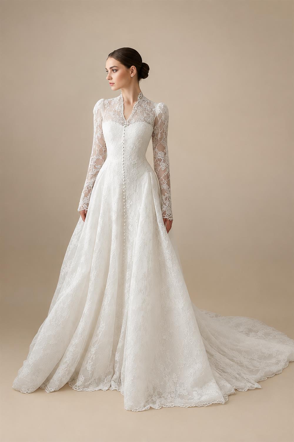 Vintag White Lace High Neck Long Sleeve A-Line Wedding Dress with Train ZP110