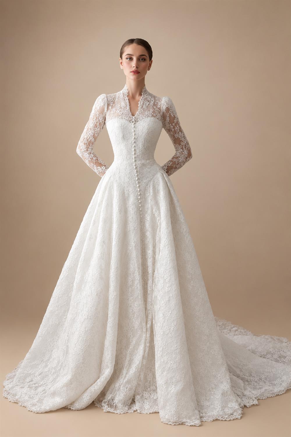 Vintag White Lace High Neck Long Sleeve A-Line Wedding Dress with Train ZP110