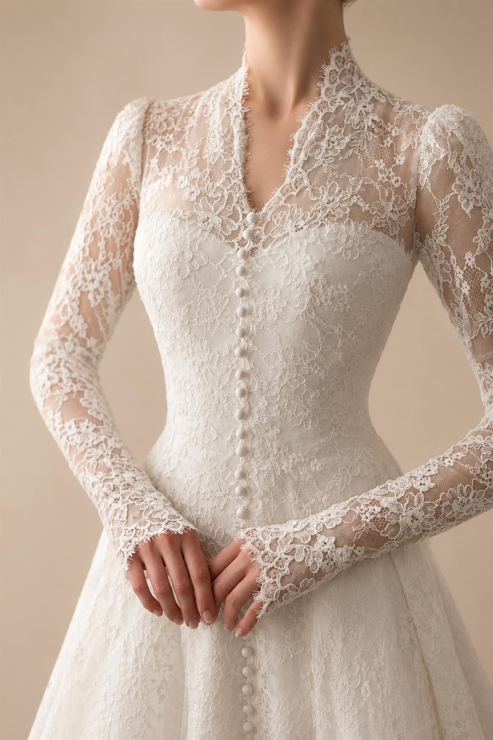 Vintag White Lace High Neck Long Sleeve A-Line Wedding Dress with Train ZP110