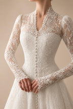 Vintag White Lace High Neck Long Sleeve A-Line Wedding Dress with Train ZP110