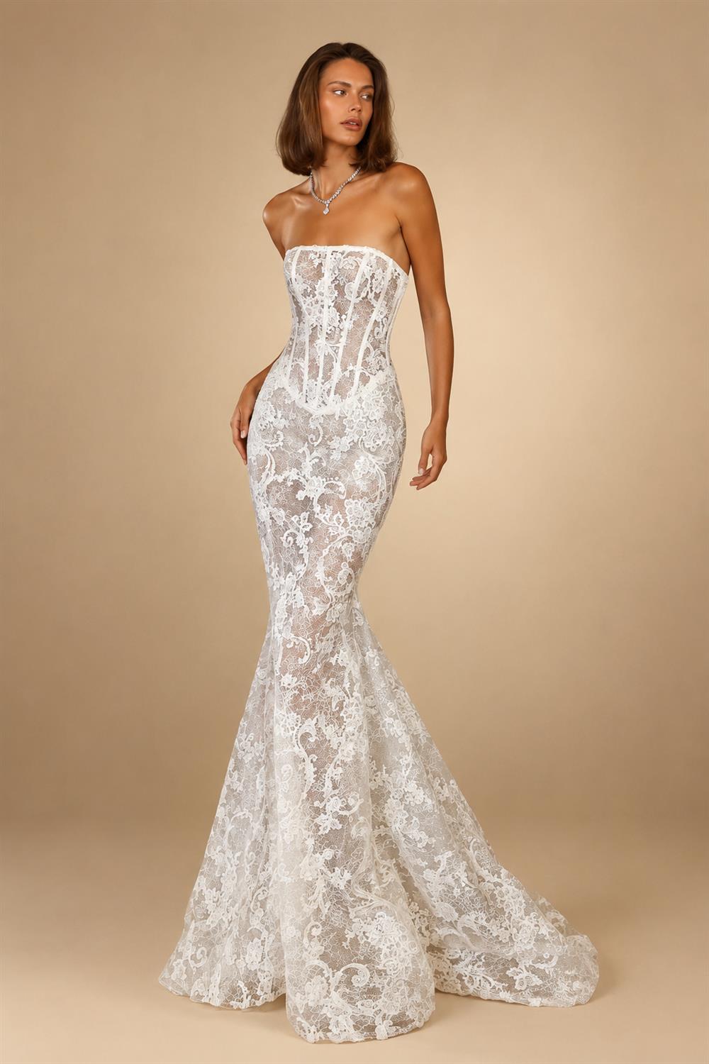 Vintage Ivory Lace Strapless Mermaid Wedding Dress ZP115