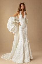 Elegant Ivory Halter Neck Puff Sleeve Mermaid Wedding Dress with Train ZP116
