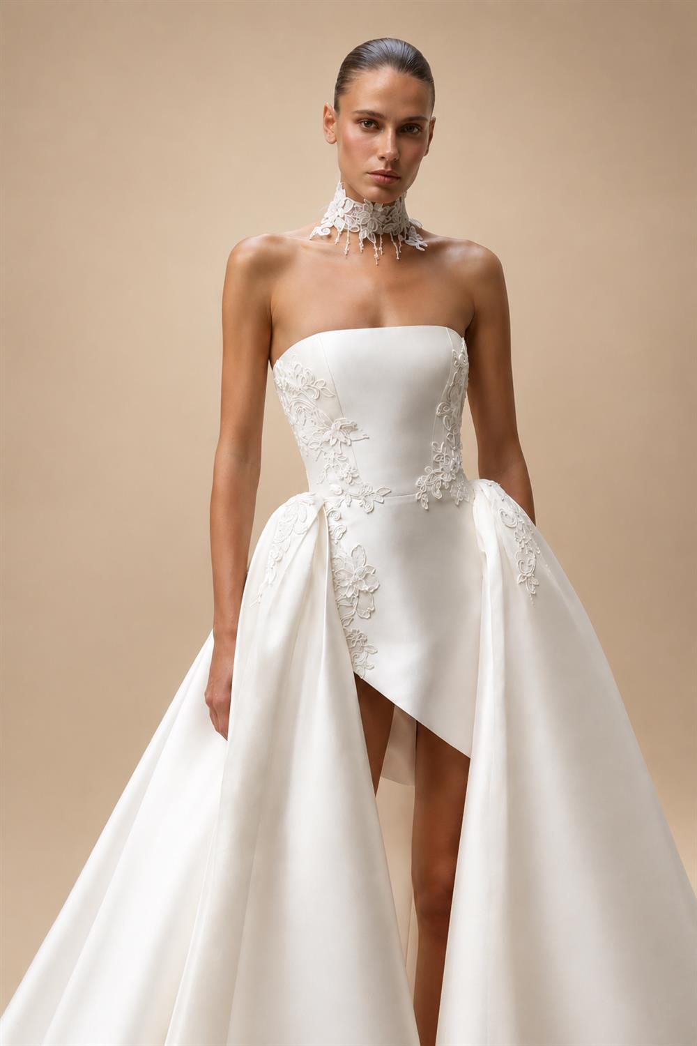 Luxury White Satin Strapless High Slit Ball Gown Wedding Dress with Choker ZP118