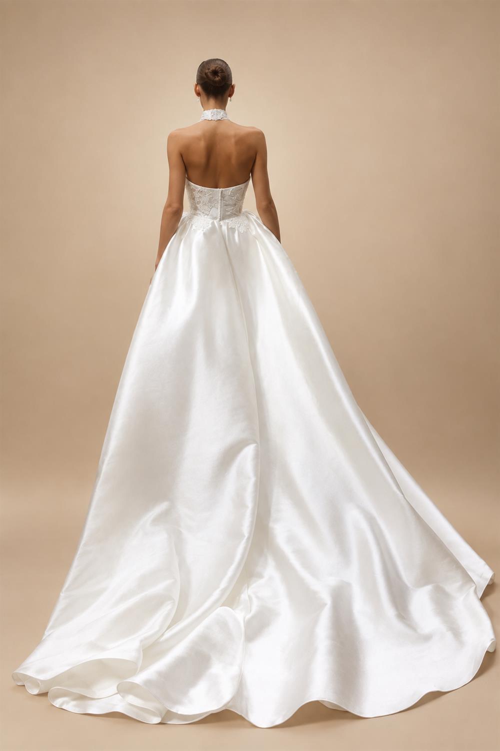 Luxury White Satin Strapless High Slit Ball Gown Wedding Dress with Choker ZP118