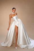 Luxury White Satin Strapless High Slit Ball Gown Wedding Dress with Choker ZP118