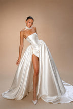 Luxury White Satin Strapless High Slit Ball Gown Wedding Dress with Choker ZP118