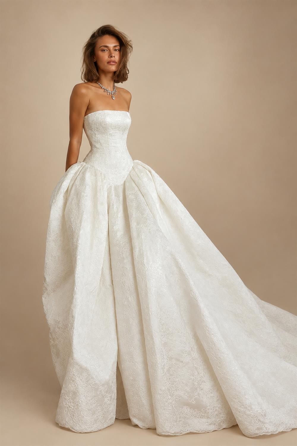 Classic White Satin Strapless Ball Gown Wedding Dress with Train ZP122