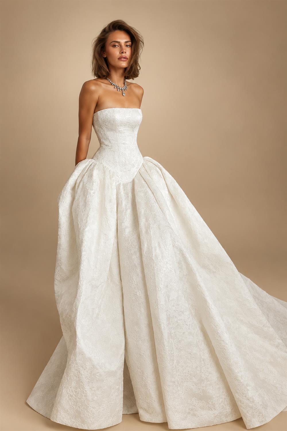 Classic White Satin Strapless Ball Gown Wedding Dress with Train ZP122