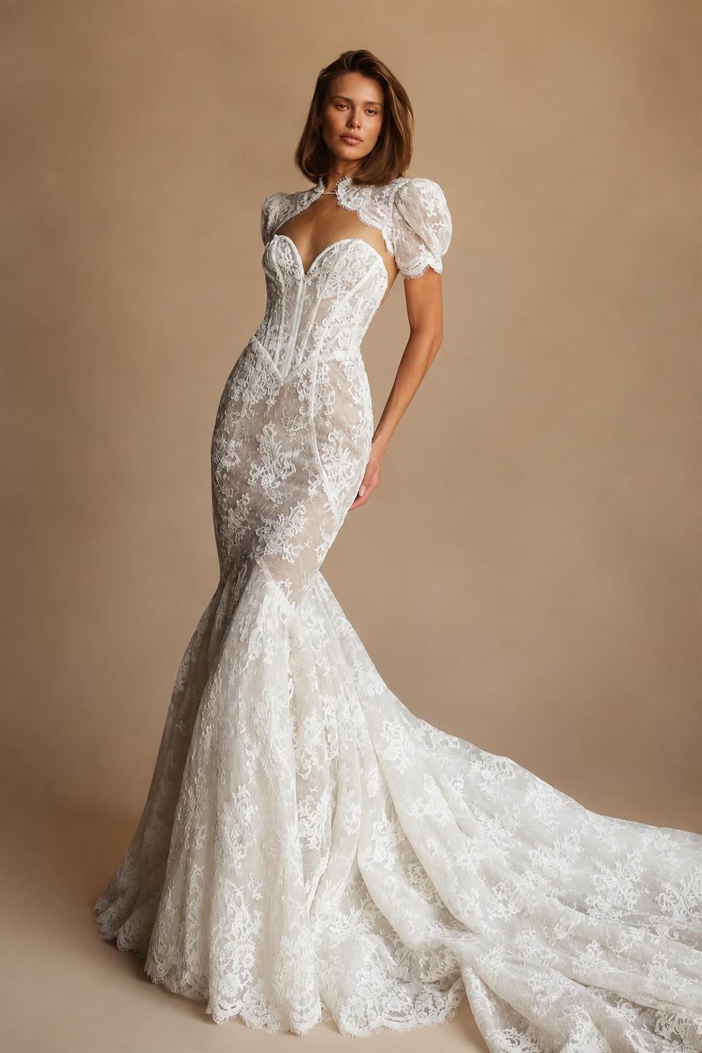 Vintage Ivory Lace High Neck Puff Sleeve Backless Mermaid Wedding Dress ZP124