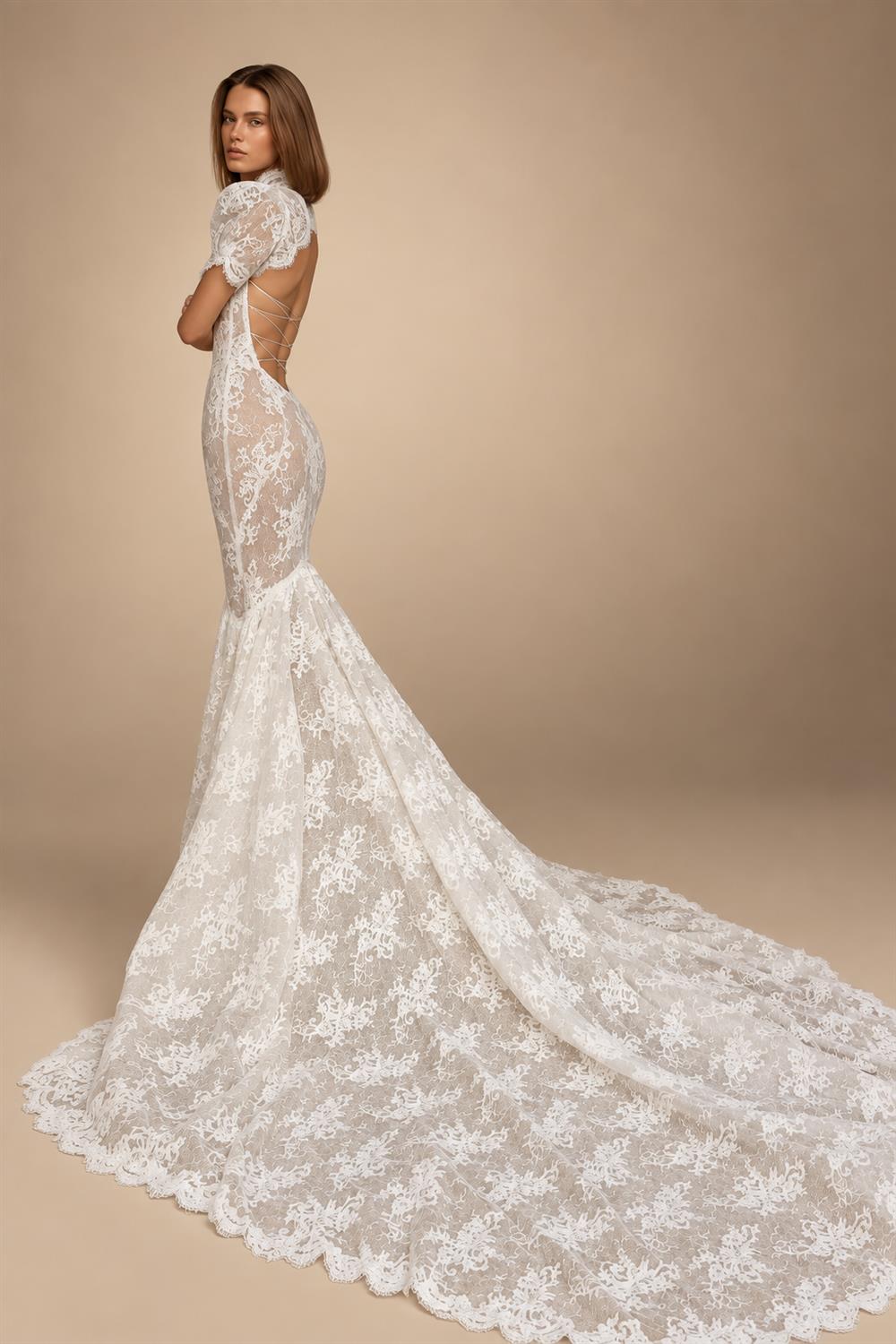 Vintage Ivory Lace High Neck Puff Sleeve Backless Mermaid Wedding Dress ZP124