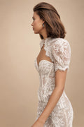 Vintage Ivory Lace High Neck Puff Sleeve Backless Mermaid Wedding Dress ZP124