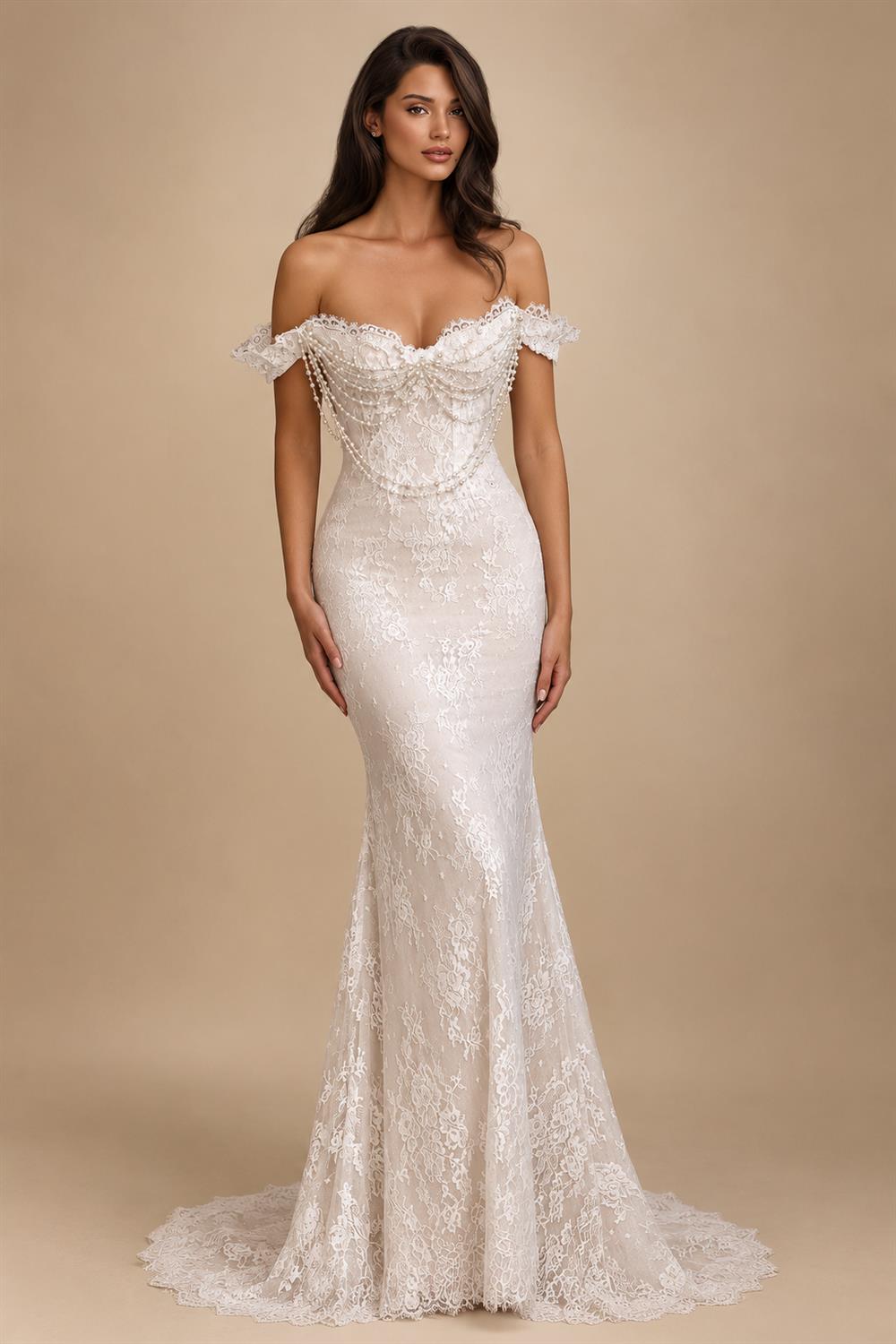 Opulent Ivory Off-the-Shoulder Beaded Lace Tulle Ball Gown Wedding Dress ZP127