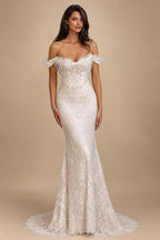 Opulent Ivory Off-the-Shoulder Beaded Lace Tulle Ball Gown Wedding Dress ZP127