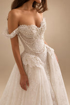 Opulent Ivory Off-the-Shoulder Beaded Lace Tulle Ball Gown Wedding Dress ZP127